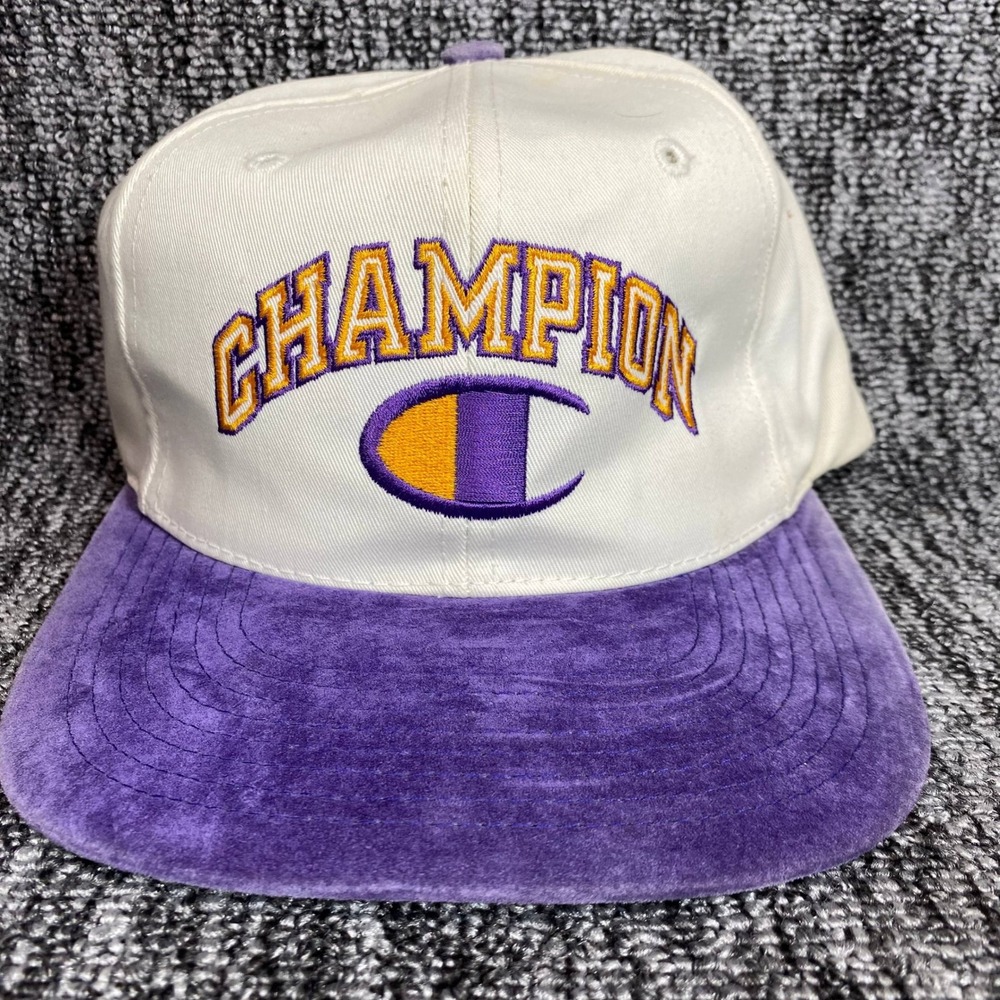 Vintage 90s Champion Snapback Hat Purple Suede Brim White Spellout Big C Cap